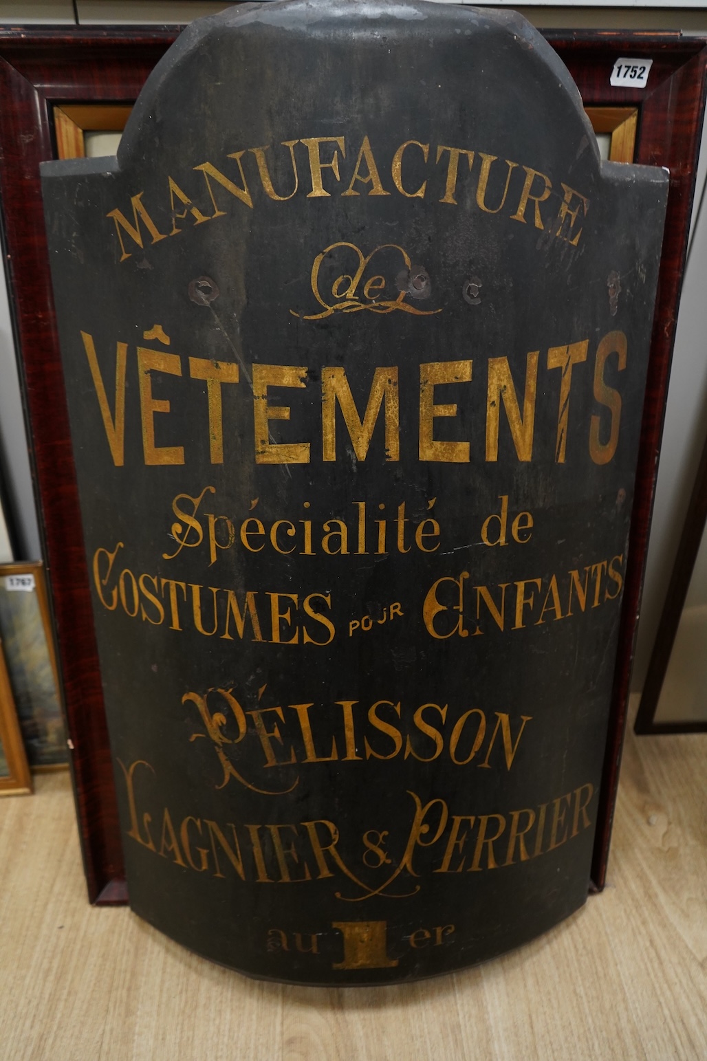 Two curved metal French identical shop signs, 90cm high x 55cm wide